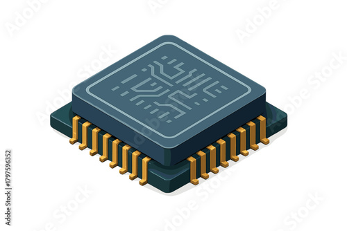 Detailed isometric representation of a modern square microchip featuring golden connection pins