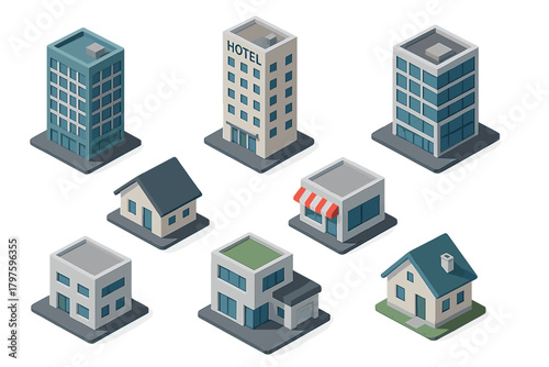 Isometric set of urban and suburban buildings including homes, offices, hotel, and retail shops