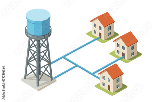 Urban water distribution network with storage tank connected to residential buildings