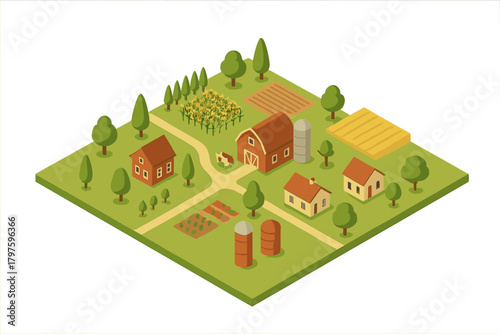 Isometric farm landscape featuring barn, residential buildings, silos, corn, and vegetable patches
