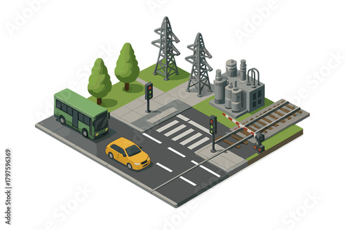 Isometric city block with road, vehicles, industrial buildings, power lines, and railroad crossing
