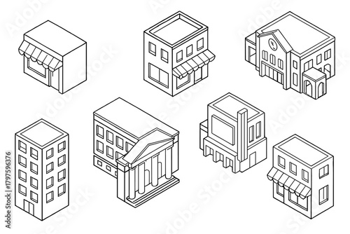 Isometric outline set of city buildings shops bank and residential structures