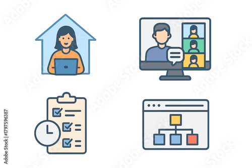 Icons for remote work, online meetings, productivity, and business organization structure