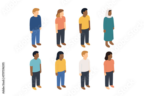 Diverse group of standing people in isometric view representing a multicultural community