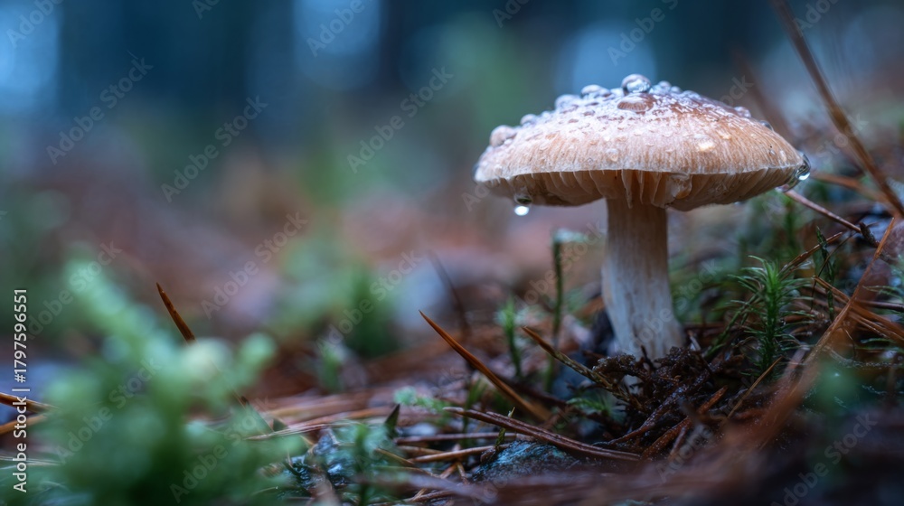 Fototapeta premium Delicate Mushroom with Water Droplets on Cap Surrounded by Forest Floor Debris and Pine Needles in a Misty Woodland Setting