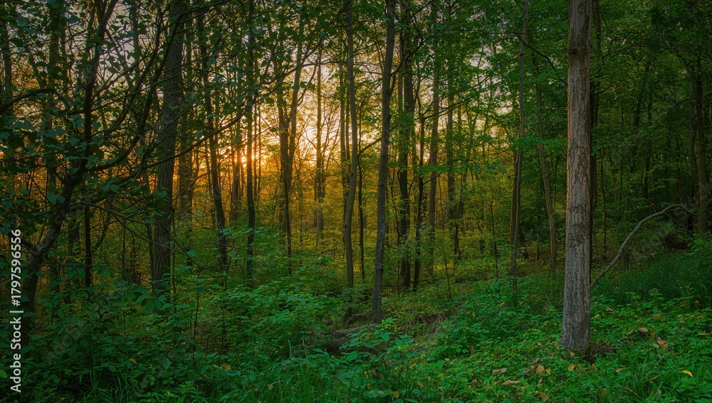 Naklejka premium Serene forest landscape featuring vibrant greenery and a dense tree canopy during sunset, ideal for relaxation