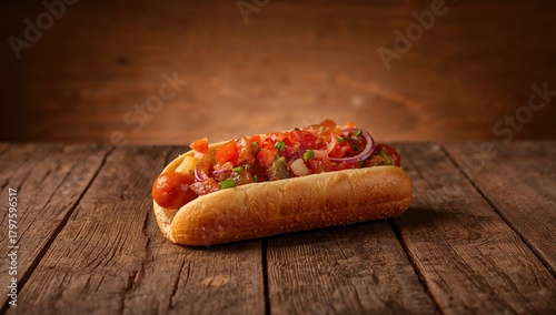 Hot dog served on a rustic ...