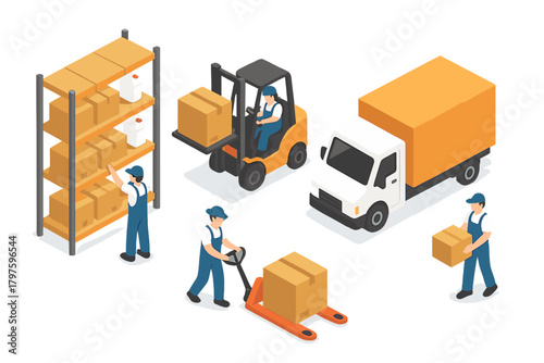 Warehouse workers loading boxes onto a truck using a forklift and pallet jack in isometric view