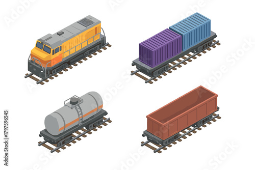 Isometric set of freight train vehicles: locomotive, tank car, container flatcar, and hopper car
