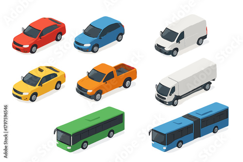 Colorful isometric set of urban transportation vehicles including sedans, vans, pickup trucks, and buses