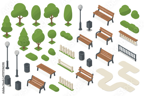 Isometric park and garden elements set including trees, benches, streetlights, and fences