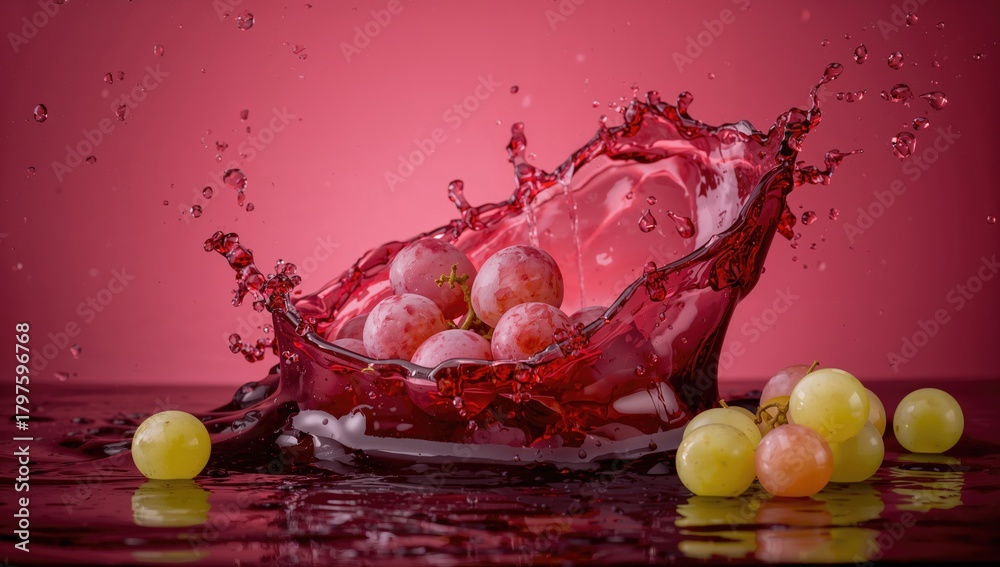Fototapeta premium Realistic splash of red and white grape juice, highlighting the vibrant colors of pink and green table grapes