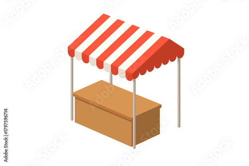 Isometric empty market stall with striped awning for fair or street vendor business display