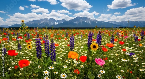 Fototapeta Naklejka Na Ścianę i Meble -  A vibrant wildflower meadow under a cloudy sky with mountains in the distance on a sunny day scene