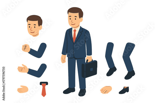 Customizable male worker character kit with separate body parts for animation and posing