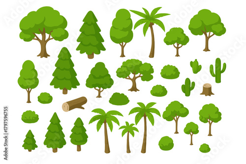 Cartoon flora collection featuring forest, desert, and tropical trees and plants