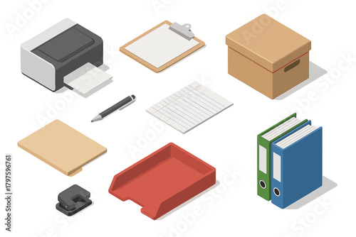 Isometric collection of essential equipment and supplies for administration