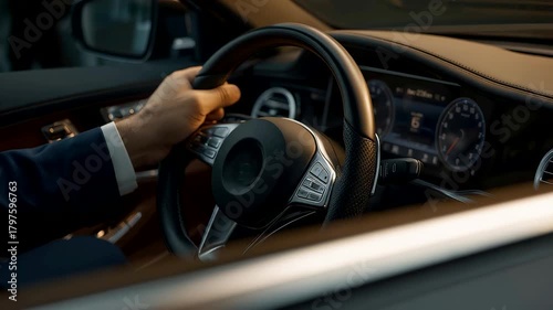Businessman hand in suit gripping luxury car steering wheel with modern dashboard interior view