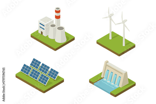 Isometric set of power generation facilities: fossil fuel, wind, solar, and hydro energy
