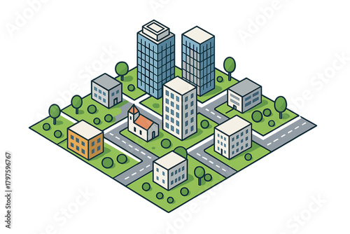 Detailed isometric urban landscape showing various city buildings, roads, parks, and infrastructure elements