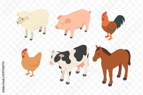Isometric set of domestic farm livestock including sheep, pig, rooster, hen, cow, and horse