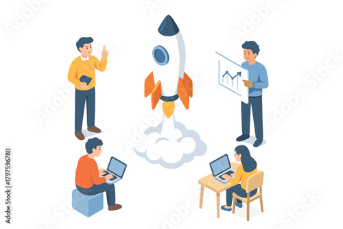 Team collaboration launching a rocket symbolizing business startup success and growth strategy