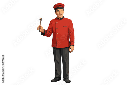 Friendly young man wearing a distinctive red service jacket and matching hat holding a ladle