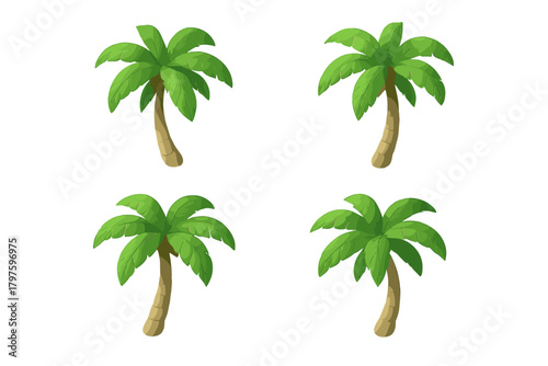 Collection of four stylized tropical palm trees with lush green fronds and curved brown trunks