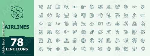 Airlines icon set in linear style. Set of line pictogram. Plane icon collection. Includes thin line symbols airplane, ticket, air, airport, travel, air bus and more.