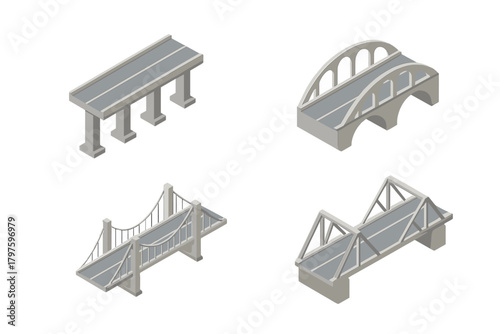 Isometric collection of modern bridge types including overpass, arch, suspension, and truss structures