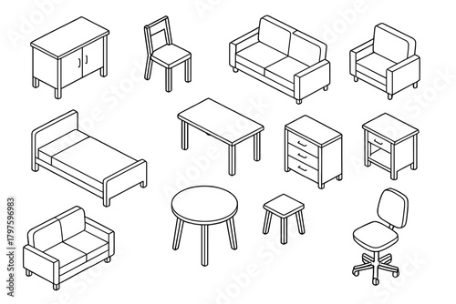 Isometric line art icons featuring common household furniture items like beds, sofas, chairs, and tables