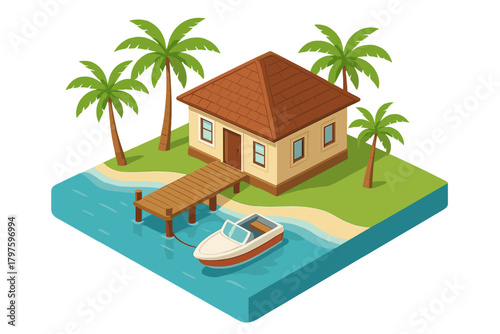 Tropical island bungalow with palm trees and wooden pier extending to a moored motorboat on blue water
