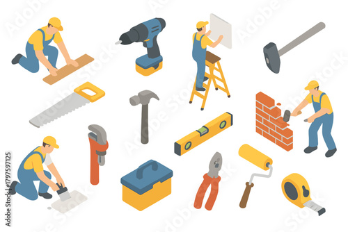Isometric set of construction workers performing building tasks with repair and renovation tools
