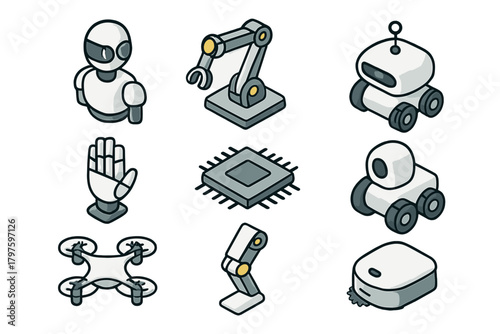 Isometric icons representing artificial intelligence, robotics, and future technology concepts