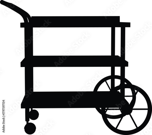 Black silhouette of a two-tiered serving cart with wheels and handle trolley food cart