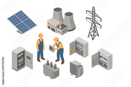 Isometric elements showing electricity generation, transmission, and maintenance with power plants, solar panels, and workers