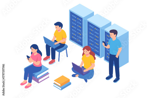 Isometric view of young people using digital devices for education or data management near server cabinets