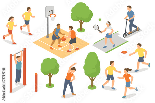 Outdoor sports and fitness activities like basketball running stretching and tennis