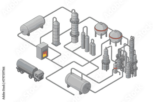 Industrial facility infrastructure layout with storage tanks distillation columns and piping system