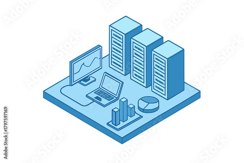 Isometric data center setup with servers, laptop, monitor, and analytical charts
