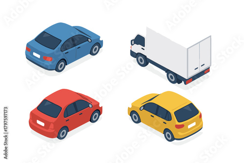 Isometric transportation set featuring passenger sedans, hatchback, and a commercial delivery box truck