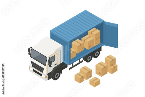 Commercial delivery truck loading cardboard boxes for shipping and logistics operations