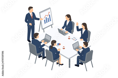 Corporate team meeting with presenter showing financial growth charts on whiteboard