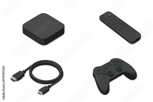 Set of modern electronic entertainment devices including media player, remote control, game controller, and cable
