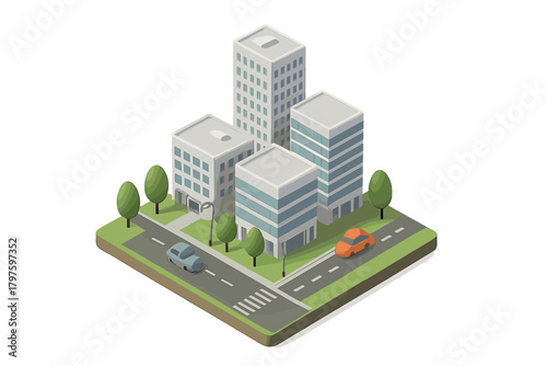 Modern isometric city block with high-rise buildings, street traffic, and green urban landscaping