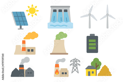 Renewable and non-renewable energy sources with environmental impact symbols