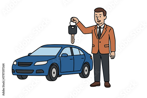 Happy male car salesman or buyer holding up a key next to a newly acquired blue sedan