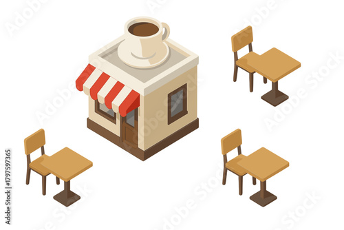Isometric cafe building with giant coffee cup on the roof and outdoor seating furniture