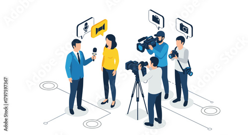 Dynamic media event with interview and press coverage for trending news, capturing social impact stories with a professional broadcast team