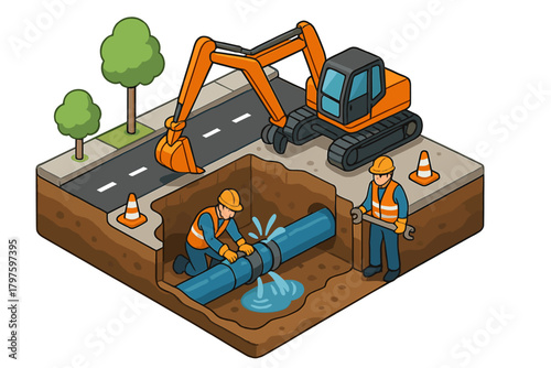 Isometric view of construction workers repairing a broken water pipe underground next to a road with an excavator
